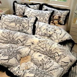 Korean Black White Hepburn Style Bedding Sets Ultra Soft Breathable Duvet Cover Set with Black Lace Fitted Sheet Set for Adults