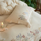 Natural Cotton Linen Vintage French Flowers Embroidery Luxury Bedding Set Duvet Cover Flat/Fitted Bed Sheet Pillowcases 4Pcs