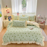 Black Lace Ruffles Korean Bow Decor Bedding Set Duvet Cover Pillowcase Washed Cotton Four-Piece Sets Soft Quilt Cover Bed Sheet
