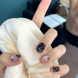 10pcs Short Ballet Handmade False Nails Blue Cat's Eye Fake Nail Tips with Glitter Flower Design Press on Nails Black Manicure