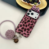Cute 3D Leopard Bow Case with Hairball Bell Pendant Leather Chain for iPhone 17 16 15 14 Pro Max Shockproof Protective Cover