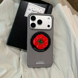 Creative Magnetic Black White Lattice Pattern Phone Case with Tomato Bracket for iPhone 17 16 15 Pro Max Shockproof Back Cover