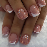 24pcs Sweet Cool False Nails Gradient French Fake Nail Tips with Purple Flowers Design Short Square Press on Nails Colorful Nail