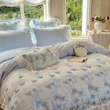 4Pcs Bedding Set Only One Third Butterfly Flower Lace Patchwork Washed Cotton Duvet Cover Set Flat/Fitted Bed Sheet Pillowcases