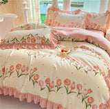 Fashion Flower Bedding Set Bed Sheet Cute Princess AB Double Sided Ruffle Flower Quilt Cover Pillowcase Bedclothes Home Textiles