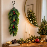 Single Piece Christmas Artificial Pine Hanging Spray with Red Berries Pinecones, Winter Greenery Stem for Mantel Stair Holiday