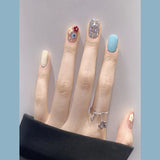 24pcs Short Square False Nails Art Cute Flower Design Blue Ballet Press on Nails Tips Shiny Powder Fake Nail Artifical Manicure