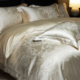 4Pcs Champagne Silk Damask Jacquard Egyptian Cotton Patchwork Luxury Bedding Set Duvet Cover Flat/Fitted Bed Sheet Pillowcases