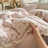 Korean Style Girly Heart Floral Double Layer Gauze Four-Piece Set Princess Style Lace Trim Quilt Cover Bed Sheet Dormitory