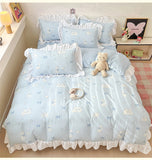 French Princess Lace Ruffles Bedding Set Washed Cotton Skin-friendly Duvet Cover Set with Sheet Soft Printed Flowers Quilt Cover