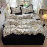 New French Lace Wash Quilt Cover Korean-style Romantic Herben-style Black Print Four-piece Set Skin Friendly Bedding Set