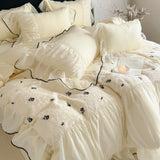 Princess Style Duvet Cover Set Lace Ruffles Rose Embroidery Bed Cover Bed Sheet Pillowcase Soft Bedding Set Decor Gift for Home