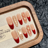 10pcs New Year Handmade Long French Oval Press on Nails with 3D Red Bowknot Lace Design False Nails Wearable Acrylic Fake Nails