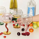 1Pc Bubble Glass Goblet, Contrasting Color Matchinging Design, Creative Curve Handle Goblet, Summer Light Luxury High-End Colorful Glass Cup, Suitable for Summer Outdoor Picnic Goblet, Restaurant Hotel Drinkware, Wedding Banq