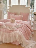 Three-Dimensional Rose Flowers Lace Ruffles Patchwork Bedding Set, Duvet Cover, Bed Sheet, Pillowcases, Pink, Egyptian Cotton