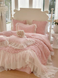 Three-Dimensional Rose Flowers Lace Ruffles Patchwork Bedding Set, Duvet Cover, Bed Sheet, Pillowcases, Pink, Egyptian Cotton