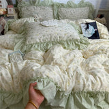Korean Princess Style Floral Ruffles Bedding Set Washed Cotton Duvet Cover Bed Sheet Pillowcases Single Full Queen Size 3/4Pcs