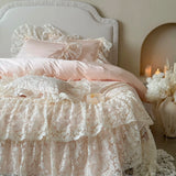 High End Egyptian Cotton Bedding Set Luxury Pink Lace Embroidery Princess Duvet Cover Bed Sheet Pillowcases Home Textile