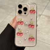 INS Cute Glitter 3D Cherry Bow Clear Phone Case For iPhone 16 15 14 13 12 11 Pro Max Pearl Shockproof Phone Case Cover