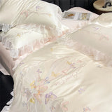 Luxury Bedding Set Butterfly Embroidery Lace Ruffles Ice Silky Soft Summer Bed Set Duvet Cover Set Bed Sheet Pillowcases 4Pcs