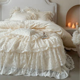 French Princess Bedding Set 4PCS Luxury All Cotton Lace Duvet Cover Set with Quilted Bedspread, Elegant Bedding Queen King Size