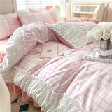 Korean Style Princess Bedding Set Luxury Pink Lattice Duvet Cover Ruffles Lace Bedspread Bed Sheet Pillowcases