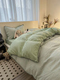 Ins Style Solid Color Stripes Mix and Princess Style Quilt Cover Four-piece Bedding Set Washed Cotton Shell Edge Duvet Cover Set