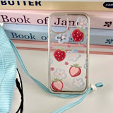 3D strawberry chain painting blue flower fruit phone case for iphone 12 15promax 14pro 13pro 15 pro max ins plating cover coque