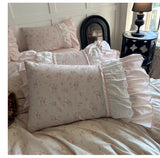 Pink Floral Double Layer Lace Ruffles 100% Cotton Bedding Set Duvet Cover Set Bed Sheet/Bed Skirt/Fitted Sheet Pillowcases 4Pcs