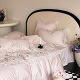 1000TC Egyptian Cotton Flower Embroidery Lace Ruffles Pink Bedding Set Duvet Cover Set Flat/Fitted Bed Sheet Pillowcases 4Pcs
