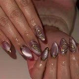 24pcs Green French Nails Sets Press on Flower Butterfly False Nails Mid-length Almond Fake Nail Leopard Print Full Cover Nail