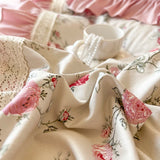 Egyptian Cotton Flowers Printng Bedding Set Luxury Pink Princess Lace Quilt Pillowcases Home Textile