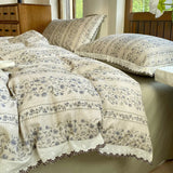 100% Brushed Cotton Bedding Set French Vintage Floral Duvet Cover Black Lace Trim Soft Pure Cotton Bed Sheet Pillowcases 4Pcs