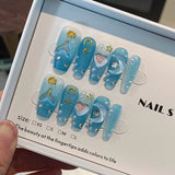 10Pcs Pink Coffin Handmade Press On Nails Moon Stars False Nails Sweet Bow Diamond Design Full Cover Ballet Fake Nails Press On