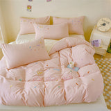 Pink Bedding Sets Solid Color Washed Cotton Home Girls Bedroom Decor Duvet Cover Pillowcase Bedspread Embroidery Four Piece Set