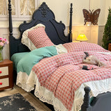 Vintage Plaid Pure Cotton double-layer yarn four-piece set French lace Bedding Set Duvet Cover Pillowcases Flat/Fitted Bed Sheet