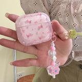 Cute Pink Flower Pattern Headphones Case For Airpods 4 Pro 2nd 3rd Generation Soft Cover For AirPods 1 2 3 With Pearl Keychain
