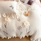 Flowers Embroidery Ruffles Thickened Soft Warm Velvet Bedding Set Queen King Size Plush Duvet Cover Set Bed Sheet Pillowcases