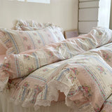 Korean Princess Style Floral Lace Ruffles 100% Cotton Bedding Set Duvet Cover Bed Sheet Pillowcase 4Pcs