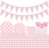 Cute Pink Checkered Party Supplies Napkin Food Grade Tableware Set DIY Thicken Disposable Tableware for 25 Guests