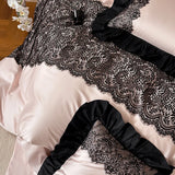 1000TC Egyptian Cotton Black Lace Patchwork Bedding Set Queen King Size Duvet Cover Set Flat/Fitted Bed Sheet Pillowcases 4Pcs