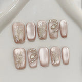 10Pcs Sweet Cute Handmade Press on Nails Flower Butterfly Fake Nails Glossy Diamond False Nails Full Cover Acrylic Nail Tips Art