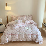4Pcs Korean Princess Style Floral Ruffles 100% Cotton Bedding Set Queen King Size Duvet Cover Bed Sheet/Fitted Sheet Pillowcases