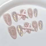 10Pcs Aurora Pink Almond Handmade Press On Nails Full Cover Bowknot Design French Fake Nail Artificial Manicure Wearable Nails