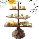 Halloween Cupcake Stand 3-Tier Witch Broom Stick Shape Snack Cake Stand Wooden Halloween Decorations Tray Holiday Party Supplies