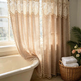 Bohemian Crochet Tassel Flat Curtain Design,Two Tone Coffee Checkered Pattern Curtain Fabric For Living Room And Bedroom Window