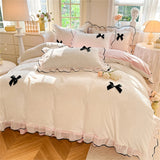 Korean Princess Style With Black Bow Lace Ruffles Pleat Milk Velvet Bedding Set Bedroom Decor Duvet Cover Bed Sheet Pillowcase