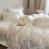 Flowers Embroidery Lace Ruffles Wedding Bedding Set Lyocell Silky Cooling Duvet Cover Set Flat/Fitted Bed Sheet Pillowcases 4Pcs