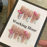 Cute French Press on Nails Sweet Red Bowknot Polka Dots Design Fake Nails with Glue Cat Eye Coffin Wearable Full Cover Nail Tips
