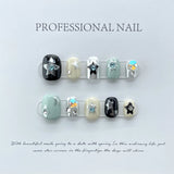 10Pcs Handmade Press on Nails Full Cover Cat Eye Star Rhinestone Sweet Cool French Ballet Jump Color Fake Nail Wearable Manicure